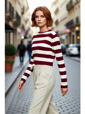 PayBuy Kadın Çizgili Bisiklet Yaka Fitted Crop Triko Kazak Ilkbahar Sonbahar Günlük Kombinler Için Şık