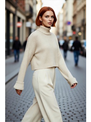 PayBuy Kadın Oversize Super Crop Balıkçı Yaka Uzun Kollu Akrilik Triko Kazak Kışlık Günlük Şıklık