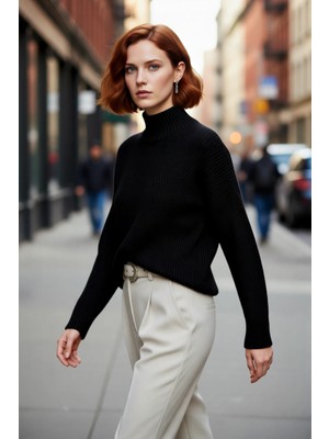 PayBuy Kadın Gri Oversize Dik Yaka Akrilik Selanik Dokuma Uzun Kollu Basic Triko Kazak Kaliteli Şık