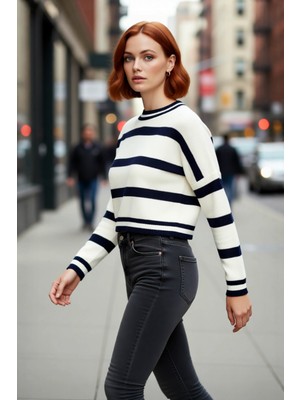 PayBuy Kadın Oversize Bisiklet Yaka Çizgili Triko Crop Kazak Ilkbahar Sonbahar Günlük Şıklık Kaliteli