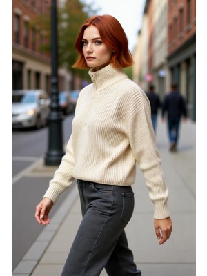PayBuy Kadın Oversize Crop Fermuarlı Dik Yaka Selanik Dokuma Akrilik Triko Kazak Kış Günlük Kombinler Için