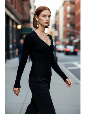 PayBuy Kadın Siyah Inci Detaylı V Yaka Fitted Triko Kazak Uzun Kollu Kışlık Gündüz Gece Stili Kaliteli