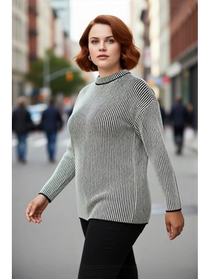 PayBuy Kadınlara Özel Regular Fit Fitilli Çizgili Bisiklet Yaka Uzun Kollu Triko Kazak Kış Sezonu Için