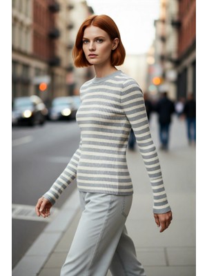 PayBuy Kadın Bisiklet Yaka Çizgili Fitted Akrilik Triko Uzun Kol Basic Günlük Kazak Stili Kaliteli