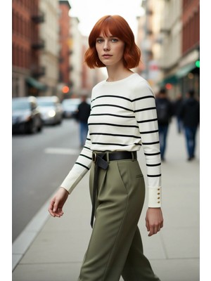 PayBuy Kadın Ekru Çizgili Bisiklet Yaka Fitted Kesim Ince Triko Kazak Ilkbahar Sonbahar Şıklığı Kaliteli