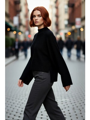 PayBuy Kadın Oversize Dik Yaka Ispanyol Kol Akrilik Triko Kazak Soğuk Havalarda Rahat ve Şık Kaliteli