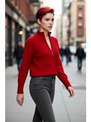 PayBuy Kadın Regular Fit Crop Dik Yaka Fermuarlı Selanik Örgü Akrilik Triko Kazak Kışlık Kombinlerin