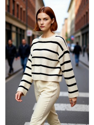 PayBuy Kadın Oversize Bisiklet Yaka Çizgili Crop Triko Kazak Düşük Kollu Rahat Kışlık Kombinler Için