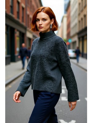 PayBuy Kadın Gri Oversize Dik Yaka Akrilik Selanik Dokuma Uzun Kollu Basic Triko Kazak Kaliteli Şık