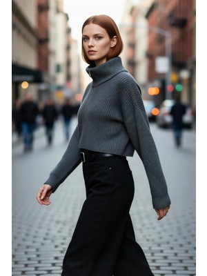 PayBuy Kadın Oversize Crop Fermuarlı Dik Yaka Selanik Dokuma Akrilik Triko Kazak Kış Günlük Kombinler Için