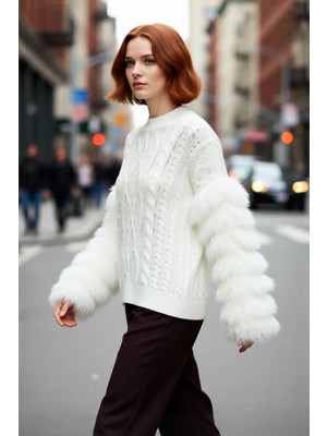 PayBuy Kadın Oversize Saç Örgü Desenli Düşük Kol Püskül Detaylı Triko Kazak Kış Için Şık ve Rahat Seçim