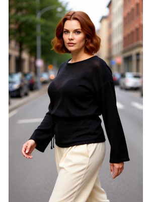 PayBuy Kadın Kayık Yaka Düz Regular Kalıp Uzun Kollu Triko Kazak Beli Kuşaklı Şık Baharlık Stil Kaliteli