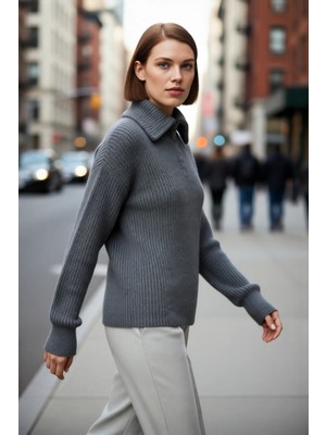 PayBuy Kadınlara Özel Regular Kalıp Fermuarlı Dik Yaka Triko Kazak Düşük Kollu Kışlık Rahat Giyim