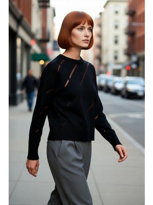 PayBuy Kadınlara Özel Regular Kalıp Ajurlu Triko Kazak Bisiklet Yaka Düşük Kollu Modern Şıklık Kaliteli