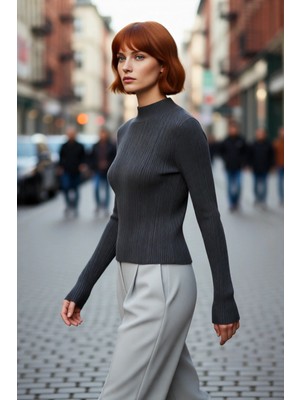 PayBuy Kadınlar Için Dik Yaka Fitilli Dokuma Fitted Kalıp Uzun Kollu Basic Triko Kazak Kışlık Şıklık ve