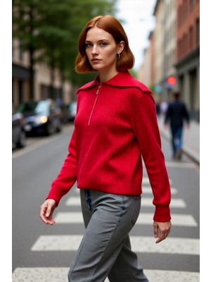 PayBuy Kadın Regular Kalıp Fermuarlı Polo Yaka Selanik Dokuma Triko Kazak Kışlık Günlük Şıklık Kaliteli