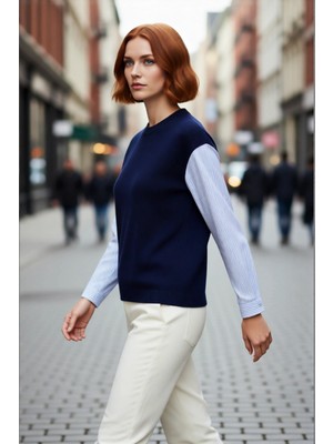 PayBuy Kadın Oversize Renk Bloklu Bisiklet Yaka Gömlek Detaylı Uzun Kollu Triko Kazak Rahat Modern Şıklık