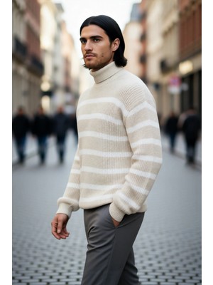 PayBuy Unisex Oversize Kalın Balıkçı Yaka Çizgili Triko Kazak Kış Günleri Için Konforlu Şıklık Sunar