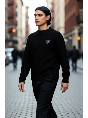 PayBuy Erkek Oversize Kalıp Bisiklet Yaka Sargı Nakışlı Triko Kazak Günlük Kombinler Için Idealdir