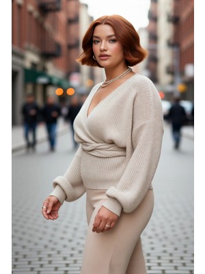 PayBuy Kadın Kruvaze V Yaka Bağlamalı Arkası Açık Triko Kazak Yarasa Kol Düz Selanik Dokuma Kışlık