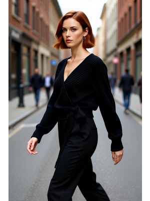 PayBuy Kadın Kruvaze V Yaka Crop Triko Kazak Regular Kalıp Uzun Kollu Basic Siluet Kış Koleksiyonu