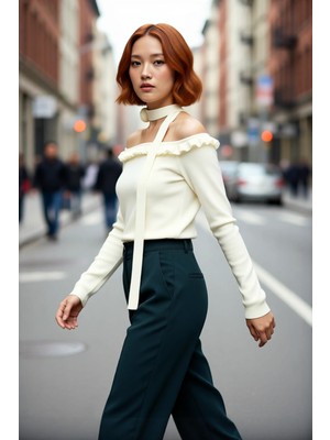 PayBuy Kadın Carmen Yaka Fitted Basic Akrilik Triko Uzun Kol Bluz Güllü Atkı Aksesuarlı Şık ve Modern Stil