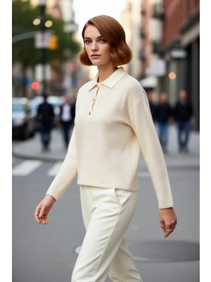 PayBuy Kadın Oversize Polo Yaka Triko Kazak Renk Bloklu Yumuşak Dokulu Rahat Kışlık Giyim Şıklığı