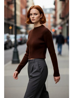 PayBuy Kadın Kahverengi Regular Kalıp Crop Düşük Kol Triko Bisiklet Yaka Fermuar Detaylı Kalın Kazak