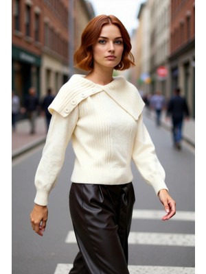 PayBuy Kadın Ekru Devrik Yakalı Regular Kalıp Akrilik Triko Kazak Uzun Kollu Kışlık Şık ve Rahat Giyim Için
