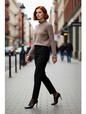 PayBuy Kadın Regular Kalıp Dik Yaka Ajurlu Bağcıklı Detaylı Triko Kazak Kışlık Günlük Şık Kombinler Için