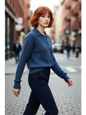 PayBuy Kadın Oversize Saç Örgü Polo Yaka Triko Kazak Düşük Uzun Kollu Kışlık Rahat Basic Şıklık Kaliteli