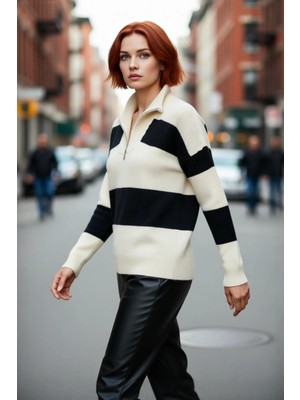 PayBuy Kadın Oversize Fermuarlı Çizgili Dik Yaka Düşük Kollu Triko Kazak Kış Günleri Için Şık Seçim