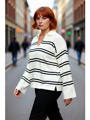 PayBuy Kadın Relaxed Kesim Çizgili Polo Yaka Akrilik Triko Kazak Kış Sezonu Günlük Şıklıkta Konfor Sunar