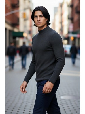 PayBuy Erkek Fitted Dar Kalıp Dik Yaka Uzun Kol Fitilli Triko Kazak Kış Günleri Için Şık ve Rahat Seçim