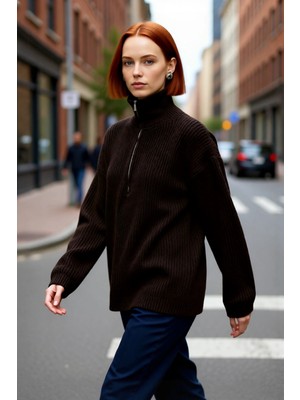 PayBuy Kadın Dik Yaka Fermuarlı Regular Kalıp Düşük Kol Selanik Örgü Uzun Triko Kazak Soğuk Günler Için