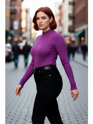 PayBuy Kadın Mor Fitilli Dik Yaka Uzun Kol Triko Kazak Kış ve Sonbahar Şıklığınıza Zarif Dokunuş Katıyor.
