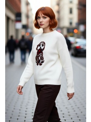 PayBuy Kadın Oversize Köpek Deseni Bisiklet Yaka Triko Kazak Rahat Şık Kışlık Kombinler Için Ideal Seçim