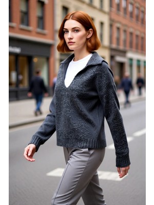 PayBuy Kadın Oversize Apaş Yaka Triko Kazak Yumuşak Dokulu Standart Kol Kışlık Günlük Şıklık Sunar