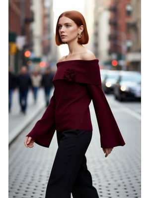 PayBuy Kadın Gül Detaylı Carmen Yaka Triko Kazak Modern Şık Regular Kalıp Çan Kol Rahat Kullanım Kaliteli