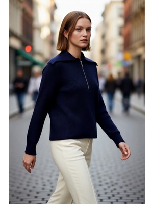 PayBuy Kadın Regular Kalıp Fermuarlı Polo Yaka Selanik Dokuma Triko Kazak Kışlık Günlük Şıklık Kaliteli