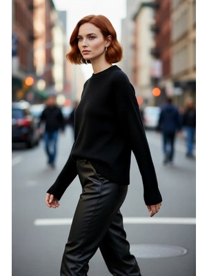 PayBuy Kadın Oversize Triko Kazak Düşük Kol Bisiklet Yaka Basic Kışlık Günlük Rahat Şık Tasarım Kaliteli