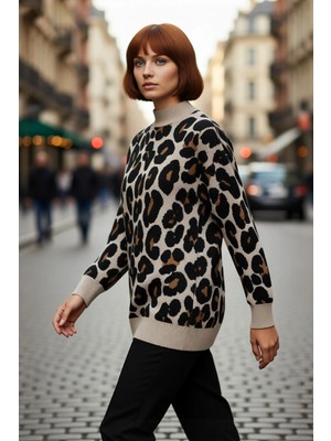 PayBuy Kadın Relaxed Kalıp Animal Desen Uzun Kollu Dik Yaka Triko Kazak Basic Kışlık Cool Comfort Tarz