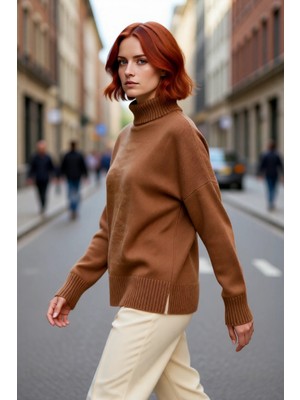PayBuy Kadın Oversize Düşük Kol Dik Yaka Uzun Triko Kazak Basic Modern Rahat Kış Günlük Şıklığı Sunar