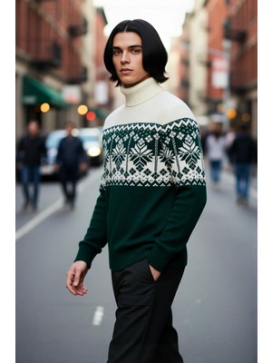 PayBuy Erkek Regular Fit Balıkçı Yaka Etnik Desenli Kalın Triko Kazak Kışlık Günlük Şık Kombinler Için