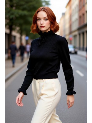 PayBuy Kadın Regular Kalıp Dik Yaka Ajurlu Bağcıklı Detaylı Triko Kazak Kışlık Günlük Şık Kombinler Için