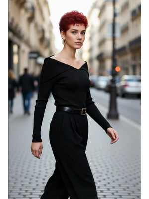 PayBuy Kadın Devrik Yaka Fitted Fitilli Triko Bluz Uzun Kol Crop Boy Ilkbahar Sonbahar Günlük Şıklığı