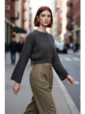 PayBuy Kadın Oversize Gri Akrilik Selanik Dokuma Super Crop Ispanyol Kol Triko Kazak Günlük Stilinize