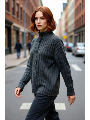 PayBuy Kadın Oversize Kesim Düşük Kol Dik Yaka Fitilli Triko Kazak Kışlık Rahat ve Şık Günlük Kombinler