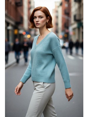 PayBuy Kadın Oversize Triko Düz V Yaka Kışlık Düşük Kol Rahat Alpaka Karışımlı Kazak Kaliteli Şık