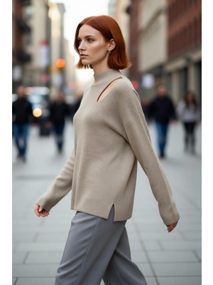 PayBuy Kadın Oversize Cut Out Detaylı Siyah Triko Kazak Akrilik Fitilli Uzun Kollu Kışlık Kombinlerinize